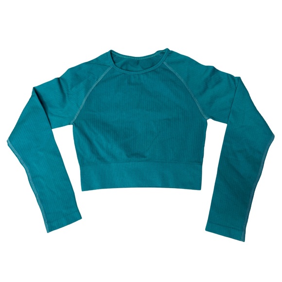Teal Blue-Green Workout Set- Long Sleeve Crop Top, Sports Bra, leggings. SZ S - Picture 3 of 4